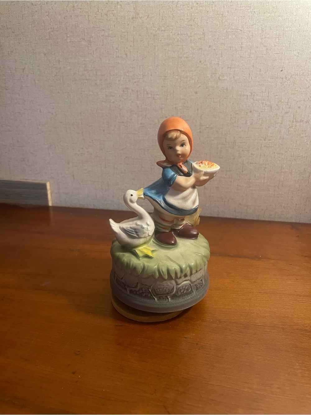 Hand-Painted Ceramic Girl Figurine with Duck - Orange & Blue Accents